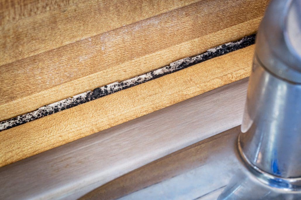 Black mold develops behind kitchen sink.