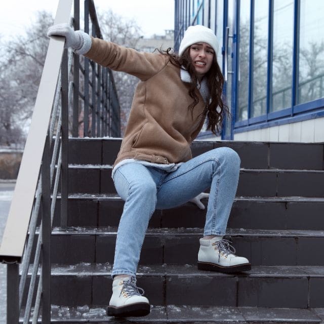 a woman in a white hat and white boots holding a handrail